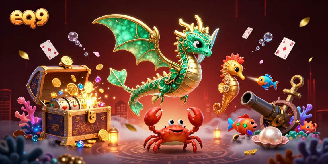 Experience thrilling gameplay with eq9 E-Wallet casino, featuring colorful dragons, slot reels, and treasure chests.