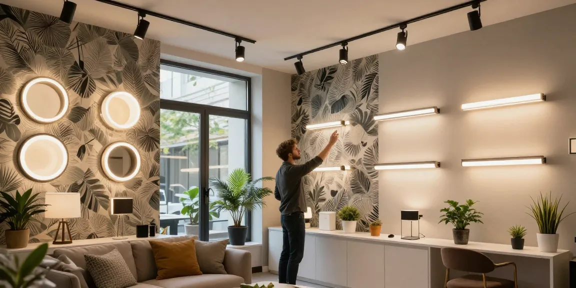 Design modern cu spoturi led în showroom, evidențiind iluminatul elegant și atmosfera confortabilă.