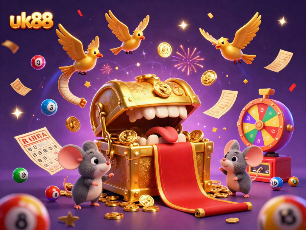 Experience the thrill of winning at uk88 with exciting lottery balls, a treasure chest, and animated casino elements.