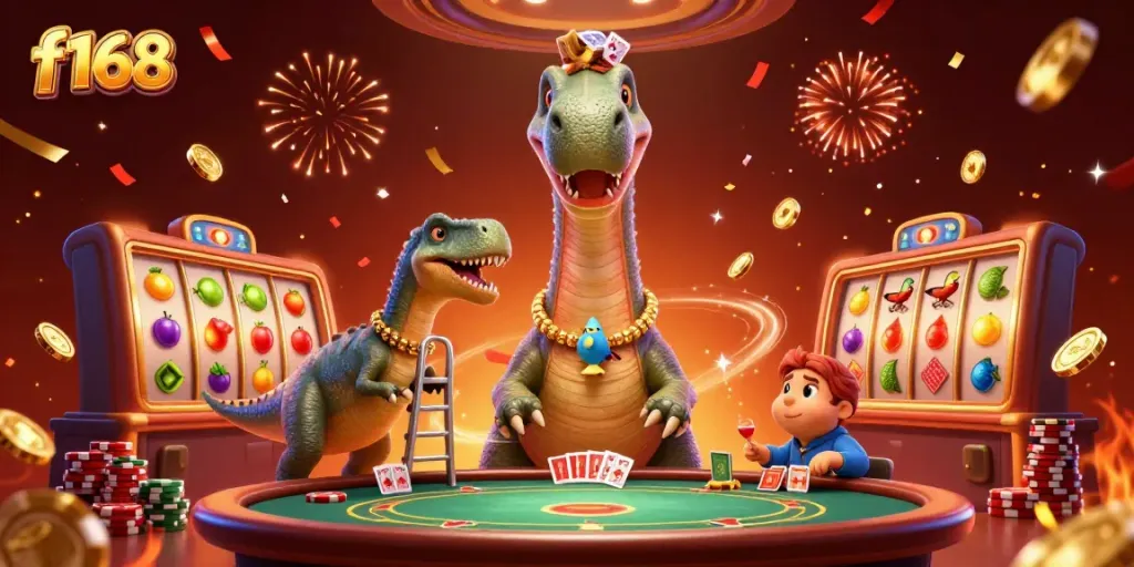 Experience the excitement of f168 with a playful brontosaurus in a vibrant casino scene.