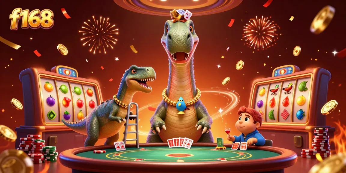 Experience the excitement of f168 with a playful brontosaurus in a vibrant casino scene.