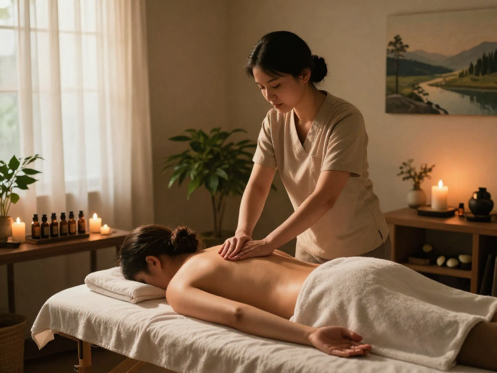 Experience 용산출장안마 with a calming massage therapy scene in a wellness studio, featuring soft lighting and natural elements.