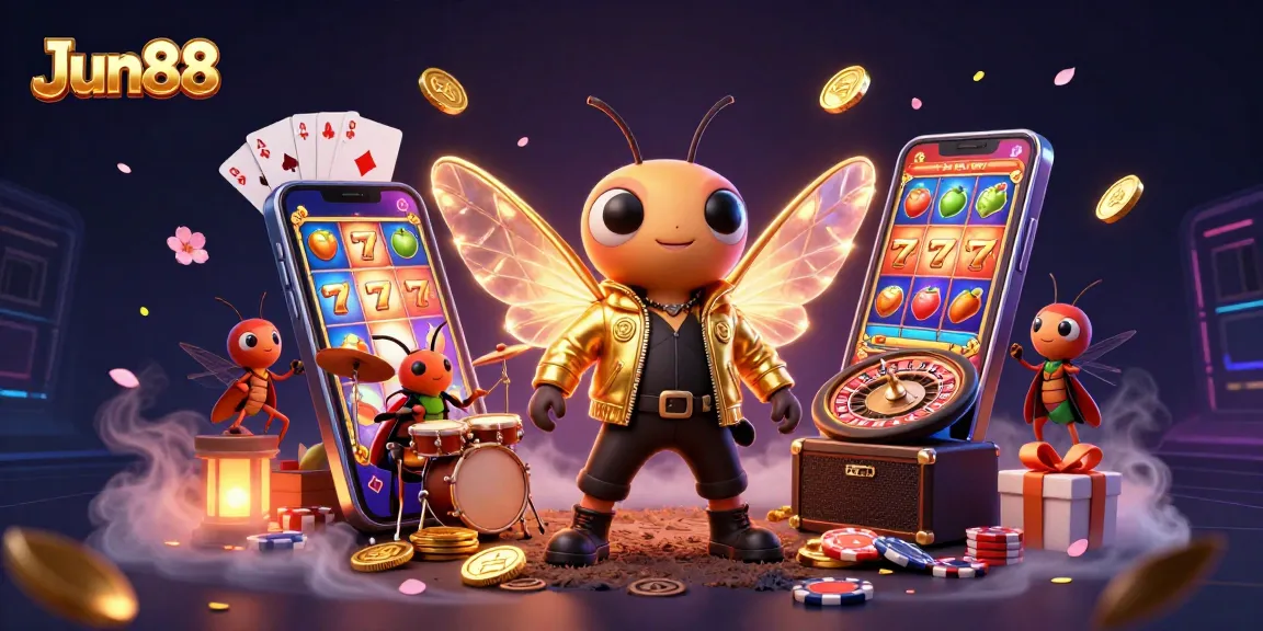 Engage with Jun88's vibrant slot game features in a dynamic casino scene filled with excitement.