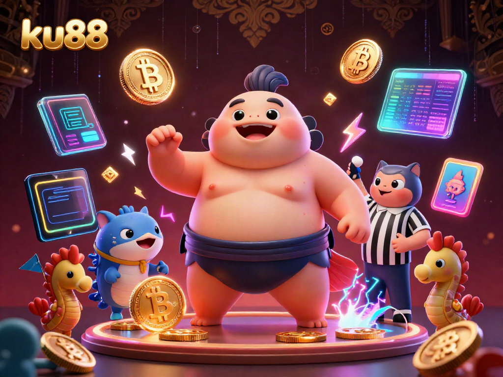 Experience exciting gameplay at ku88 with a dynamic underwater casino scene featuring a lively blowfish and cryptocurrency elements.