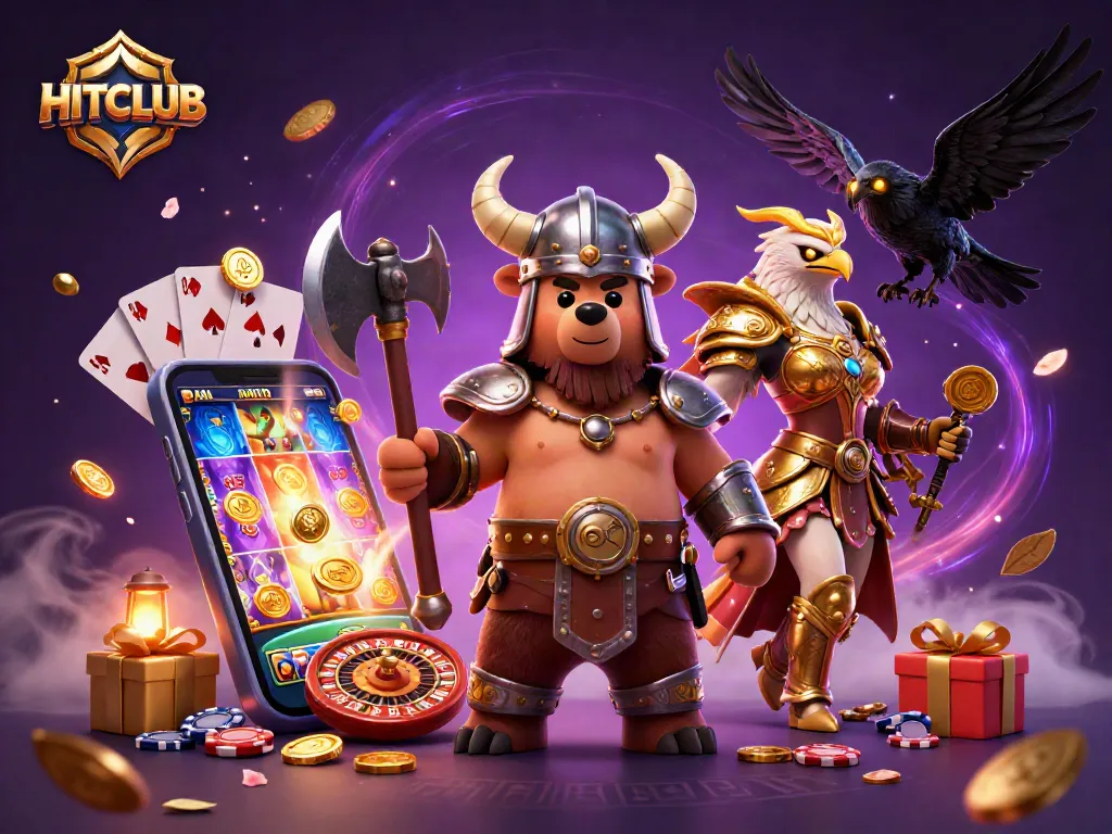 Experience thrilling gameplay with HITCLUB as a Viking berserker bear and Valkyrie eagle in a vibrant casino scene.