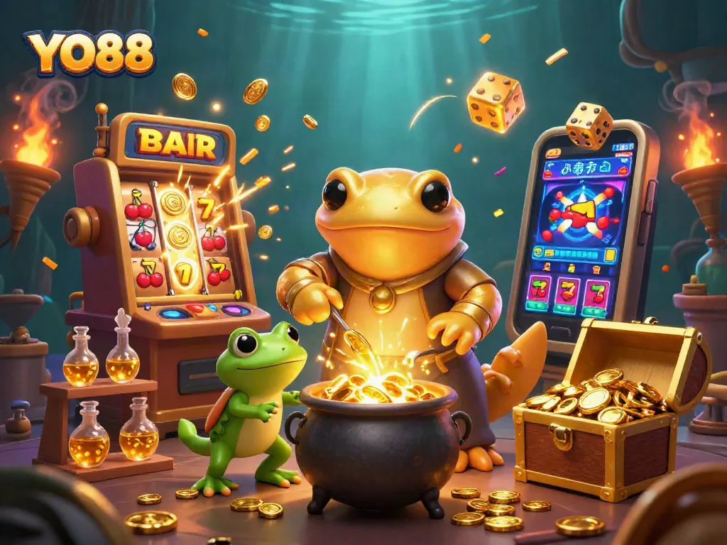 Engage with YO88's thrilling games featuring a golden salamander alchemist and vibrant casino elements.