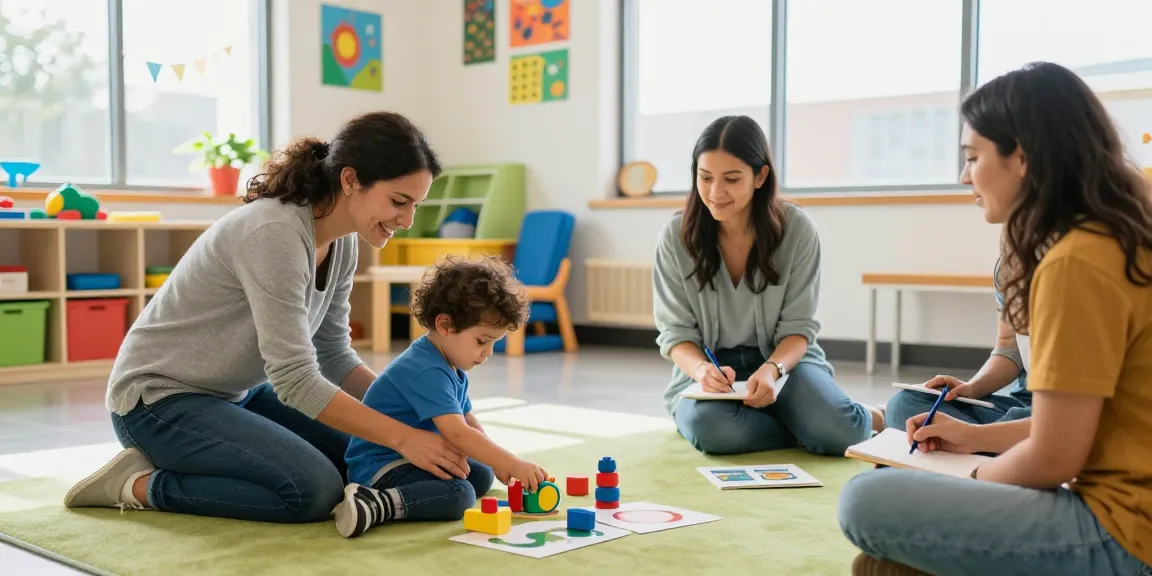 ABA center Burlington therapy session with a therapist engaging a child, colorful environment, natural light.
