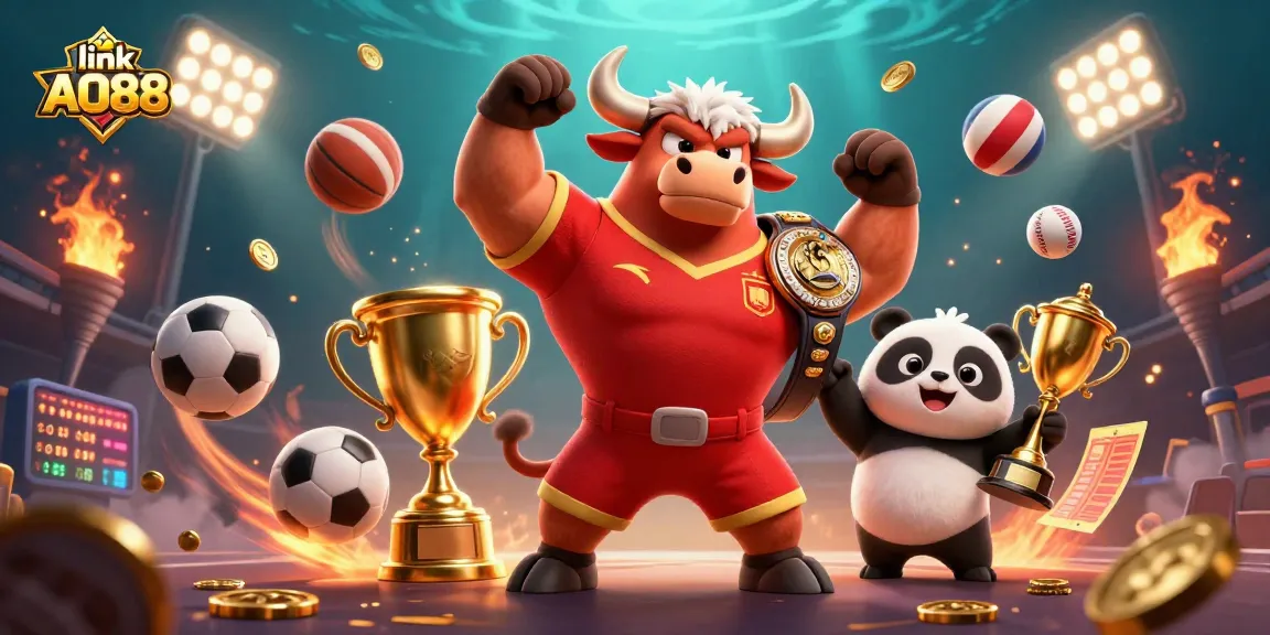 Experience exciting gaming moments at link AO88, featuring a vibrant 3D casino scene with a lively bull and eagle mascots.