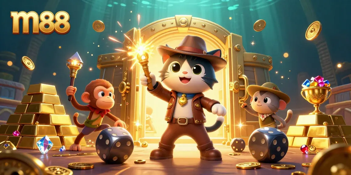 Experience the excitement of m88 as an archaeologist cat and monkey find golden treasures in a casino.