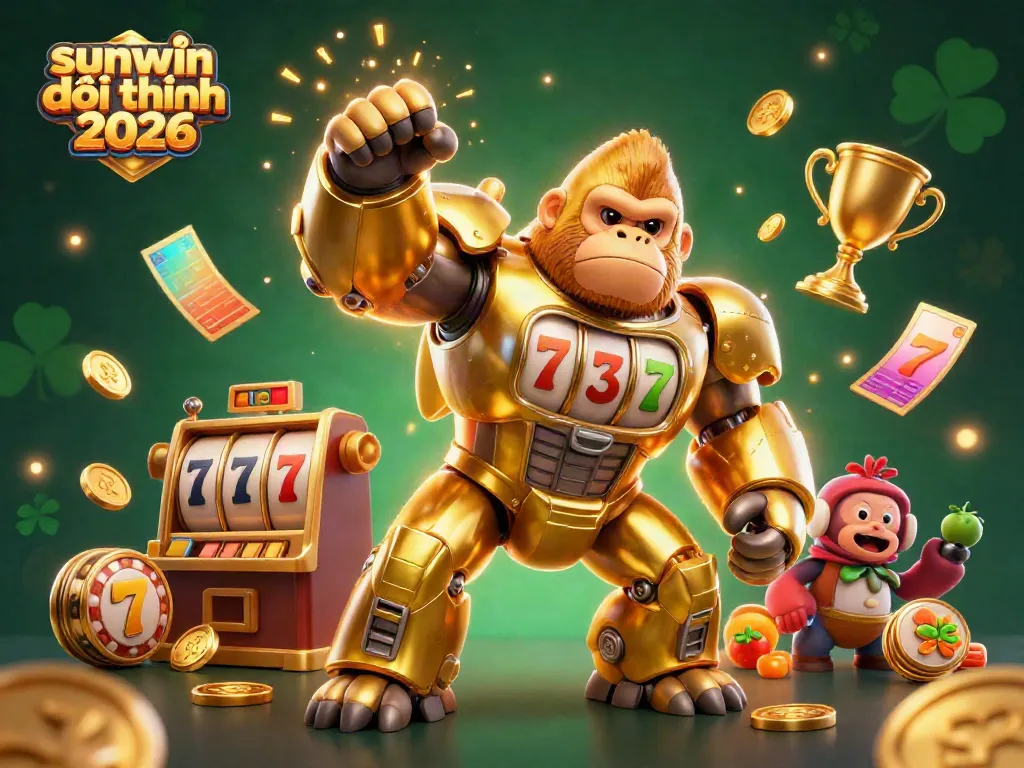 Experience the excitement of sunwin đổi thưởng 2026 with a dynamic scene featuring a golden gorilla mech and wild casino elements.