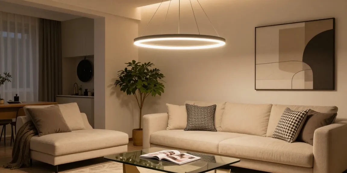 Candelabru living elegant într-un living modern cu iluminat cald și decor sofisticat