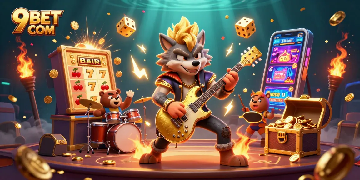 Engaging scene showcasing a rock star wolf on stage with jackpot elements from 9BET COM casino.