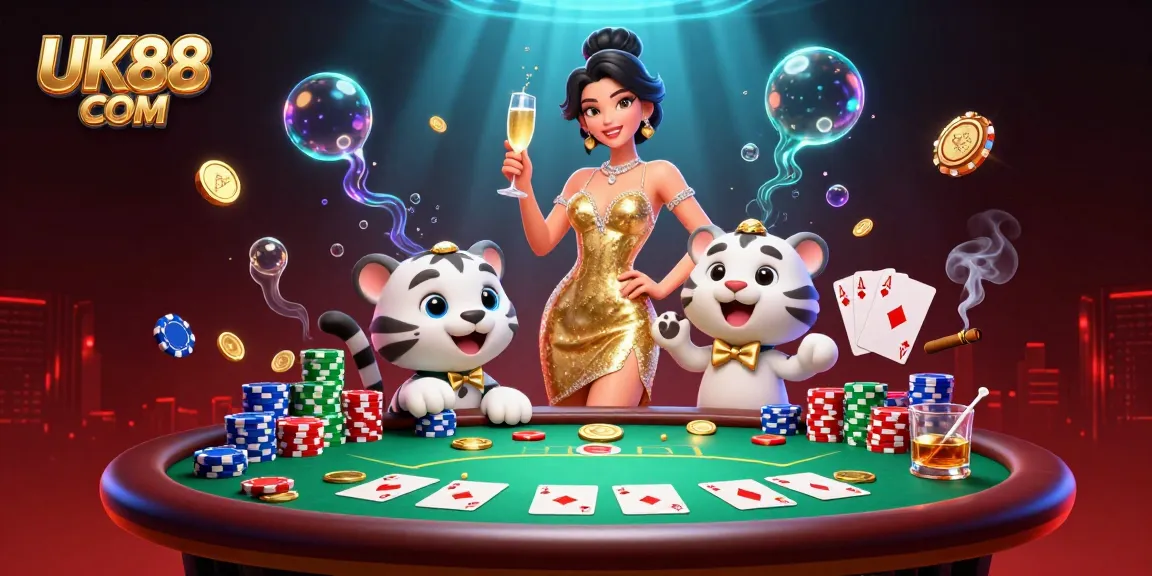 Engage with thrilling gambling action at UK88 COM featuring a glamorous woman and a lucky tiger in a vibrant casino.