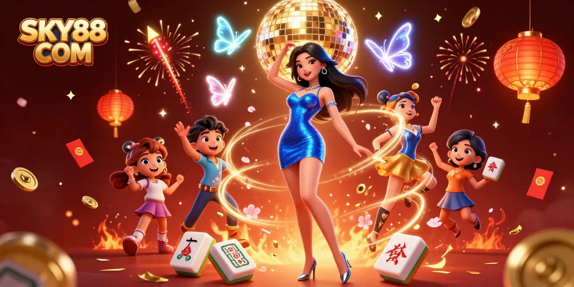 Experience the vibrant world of SKY88 COM with stunning 3D characters and neon elements in a festive casino atmosphere.