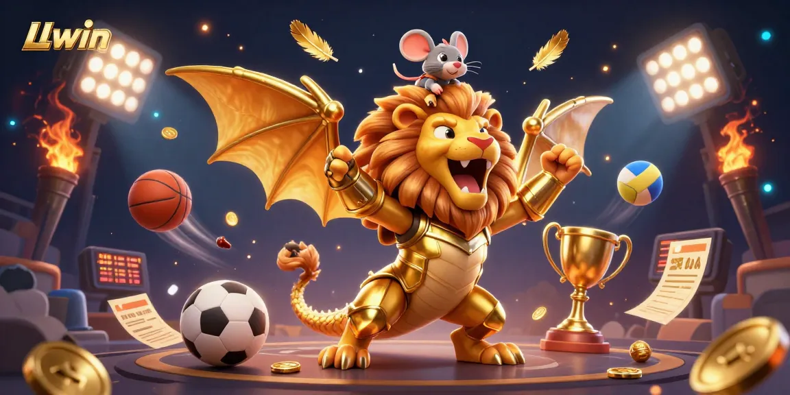 LLwin showcases a triumphant 3D chimera, victorious in a vibrant casino scene filled with dynamic sports elements.