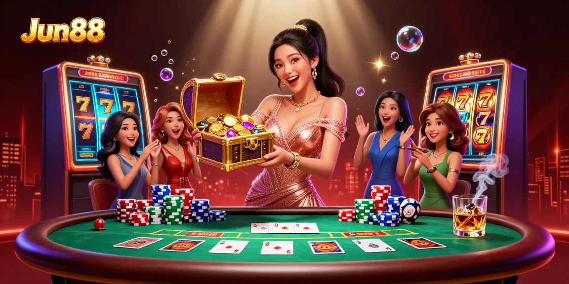Experience exciting gameplay at Jun88 with an Asian beauty unveiling treasures in a lively casino scene.