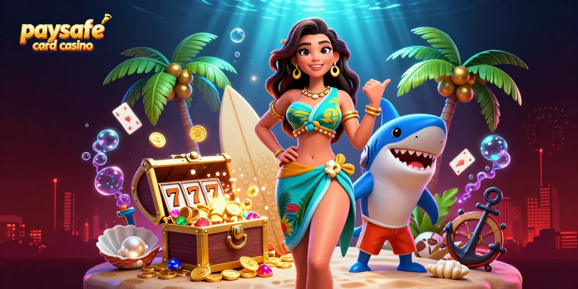 Erleben Sie die Aufregung des Paysafe Card Casinos mit einer dynamischen tropischen Szene, die Spielautomaten und verspielte Charaktere zeigt.