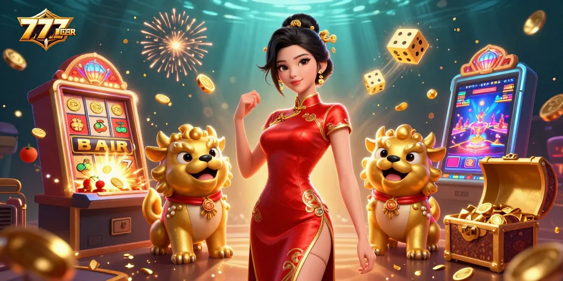 Engage with 777TIGER's vibrant casino scene featuring a glamorous woman, slot machine bursting with coins, and festive fireworks.