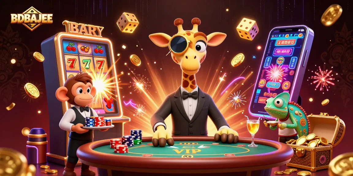 BDBAJEE showcases an adventurous giraffe at a VIP poker table, surrounded by vibrant casino elements and action.