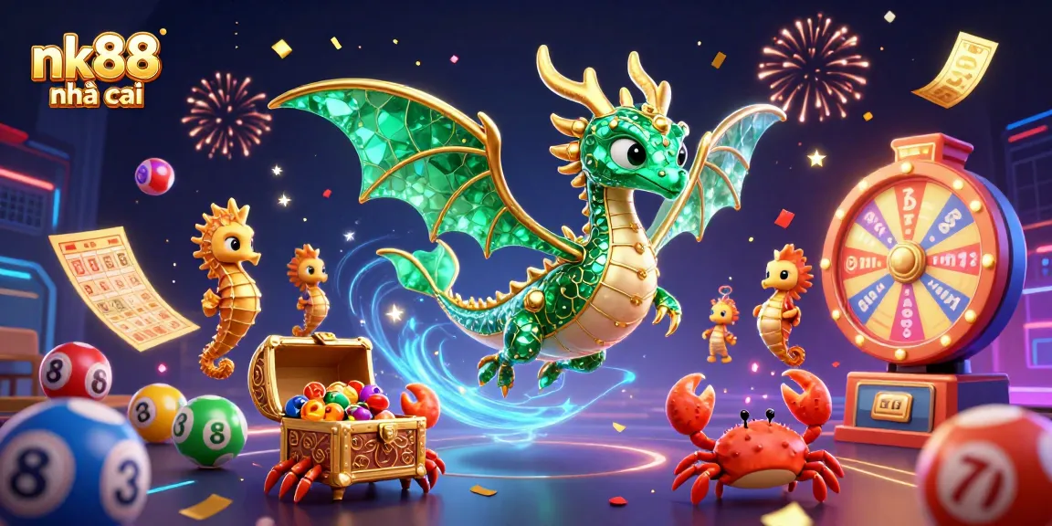 Experience dynamic wins with nk88 nhà cái in a colorful casino adventure illustration.