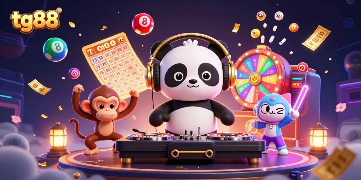 Engage with tg88's dynamic casino scene featuring a DJ panda, dancing monkey, and glowing kitten.