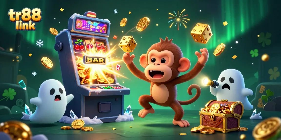 Engage with the thrilling tr88 link casino scene showcasing the poltergeist monkey and ghost-hunter puppy amidst an explosion of winnings.