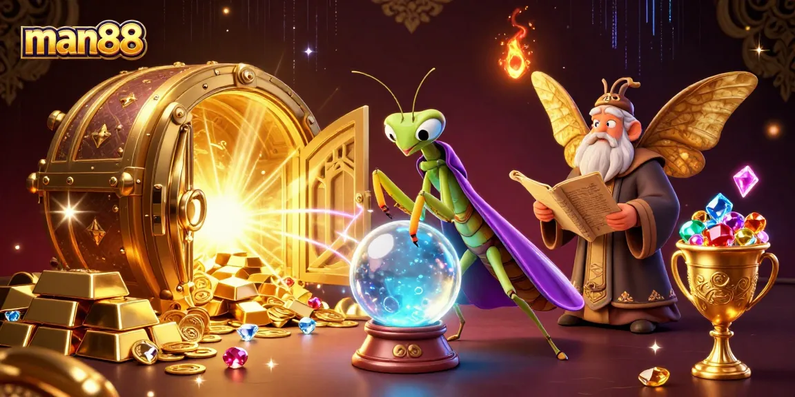 Experience the excitement of man88 with a vibrant 3D casino scene featuring mystical elements and treasure galore.