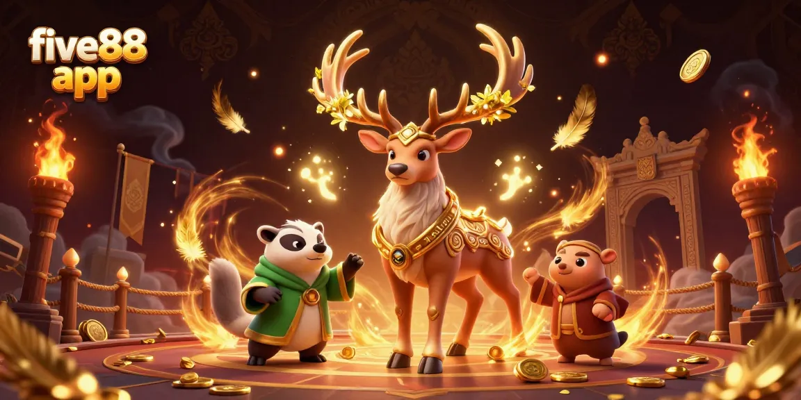 Engage with the five88 app through thrilling 3D characters amidst swirling tokens and particles.