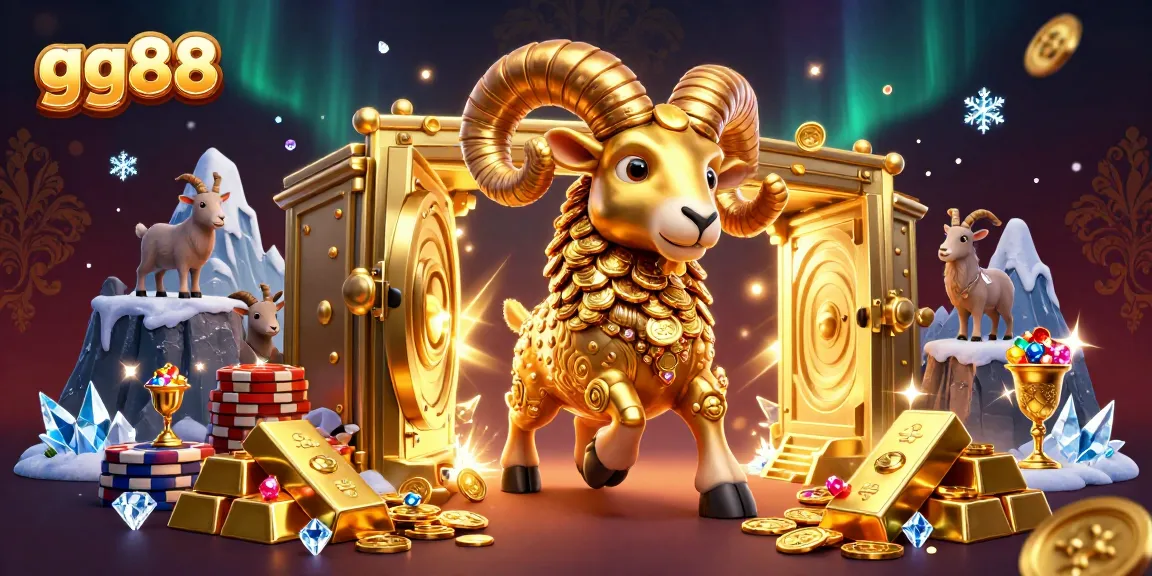 gg88 massive golden ram charging through a treasure vault, showcasing riches and casino elements