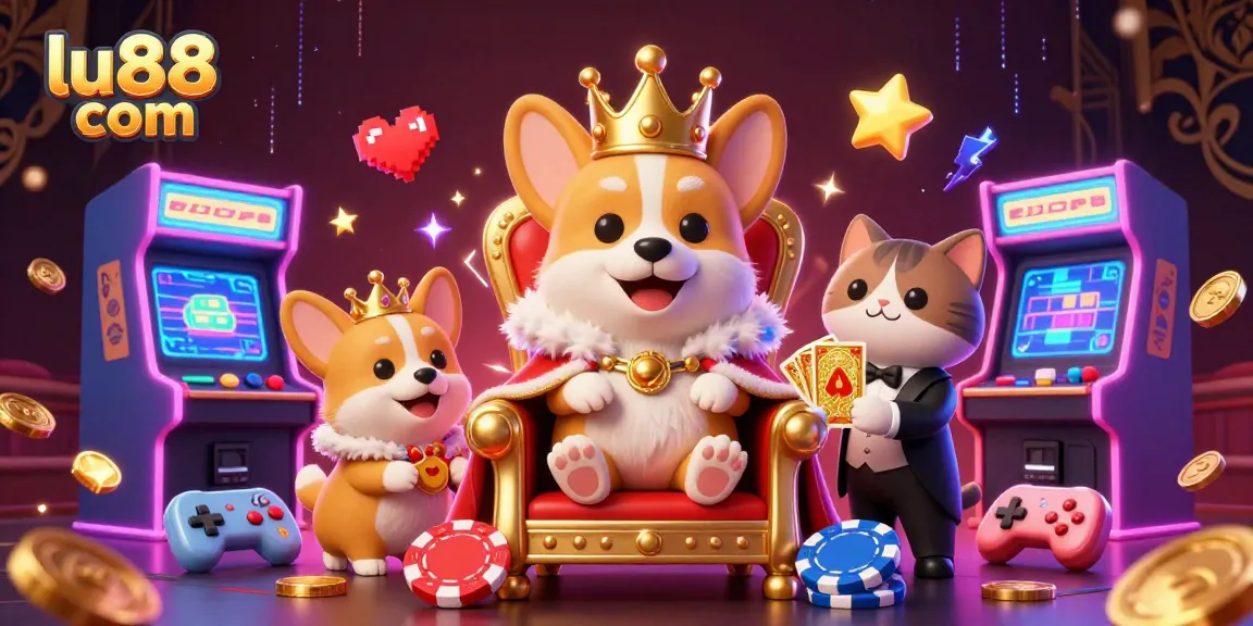 Experience thrilling gaming at lu88 com with a royal corgi, golden cards, and vibrant arcade elements!