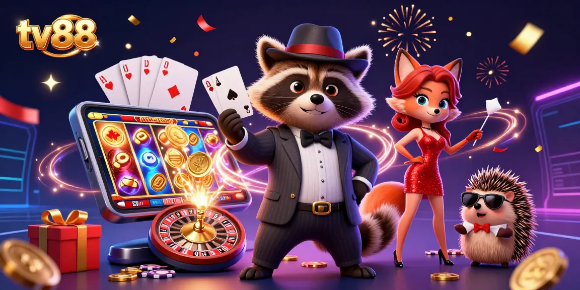 Win big at tv88 with a dynamic scene showcasing casino elements and engaging characters.