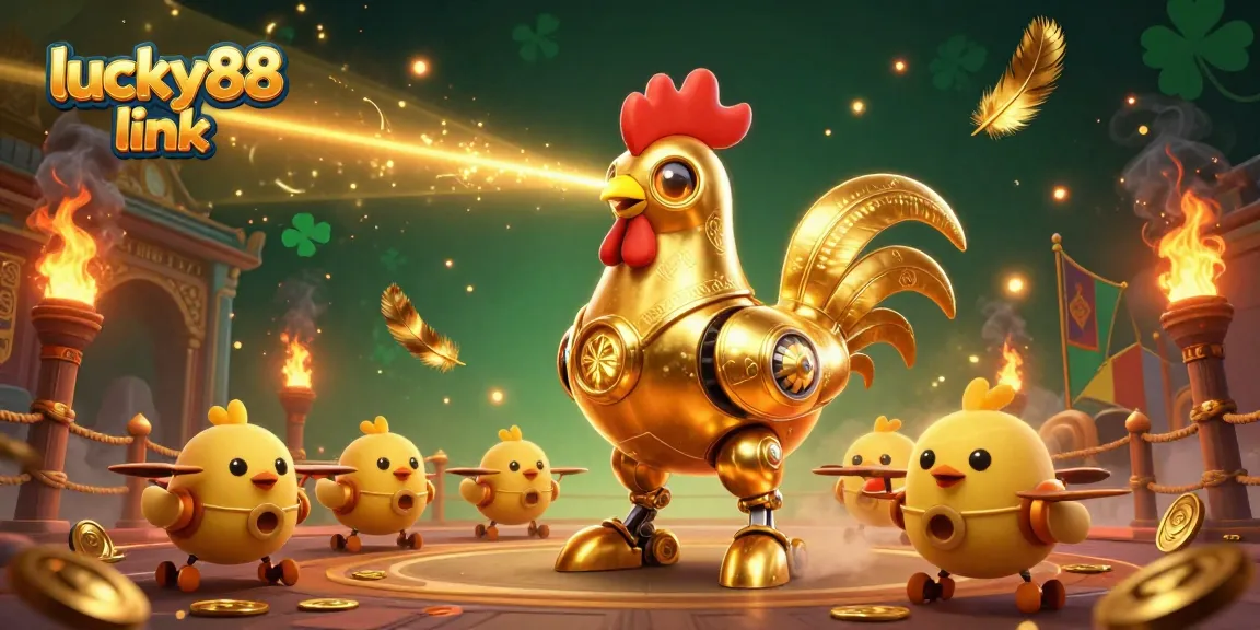 Engage in exciting gameplay at lucky88 link, featuring a golden rooster robot and baby chick drones amid a vibrant casino atmosphere.