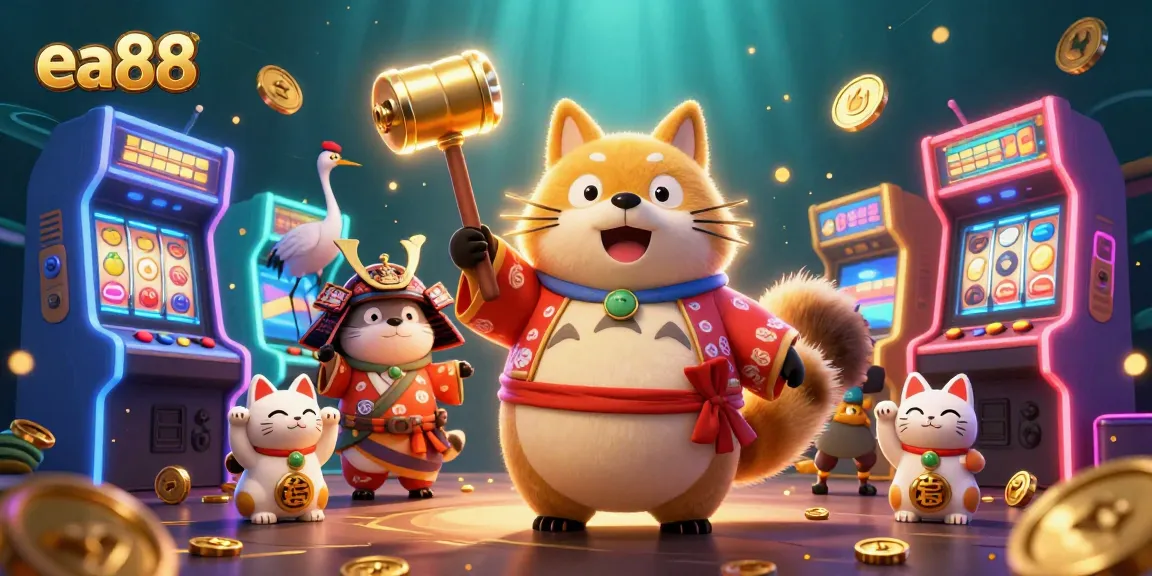 Join the excitement of ea88 with a cheerful tanuki, slot reels, and vibrant casino elements!