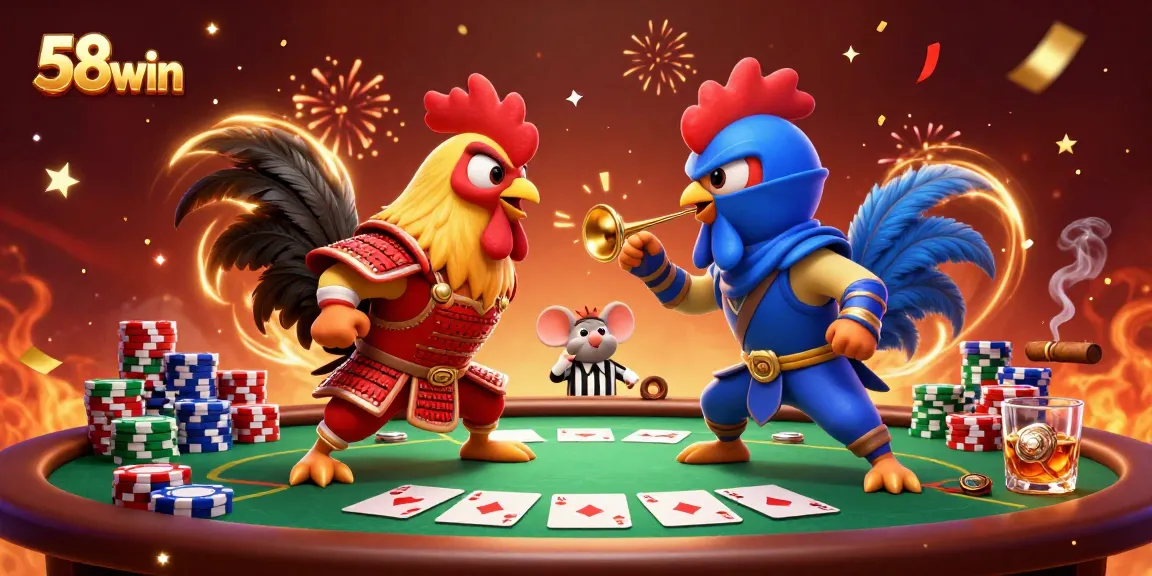Experience the thrill of 58win with fighting roosters and poker elements in a vibrant casino scene.