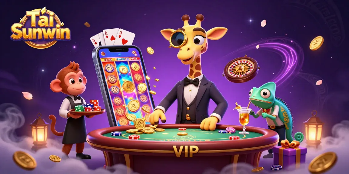 Tải Sunwin and experience vibrant gameplay with a stylish giraffe, monkey, and chameleon in a magical casino scene.
