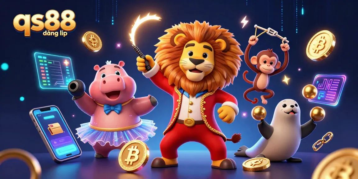 Experience qs88 đăng nhập through a lively casino scene with vibrant characters and crypto elements.