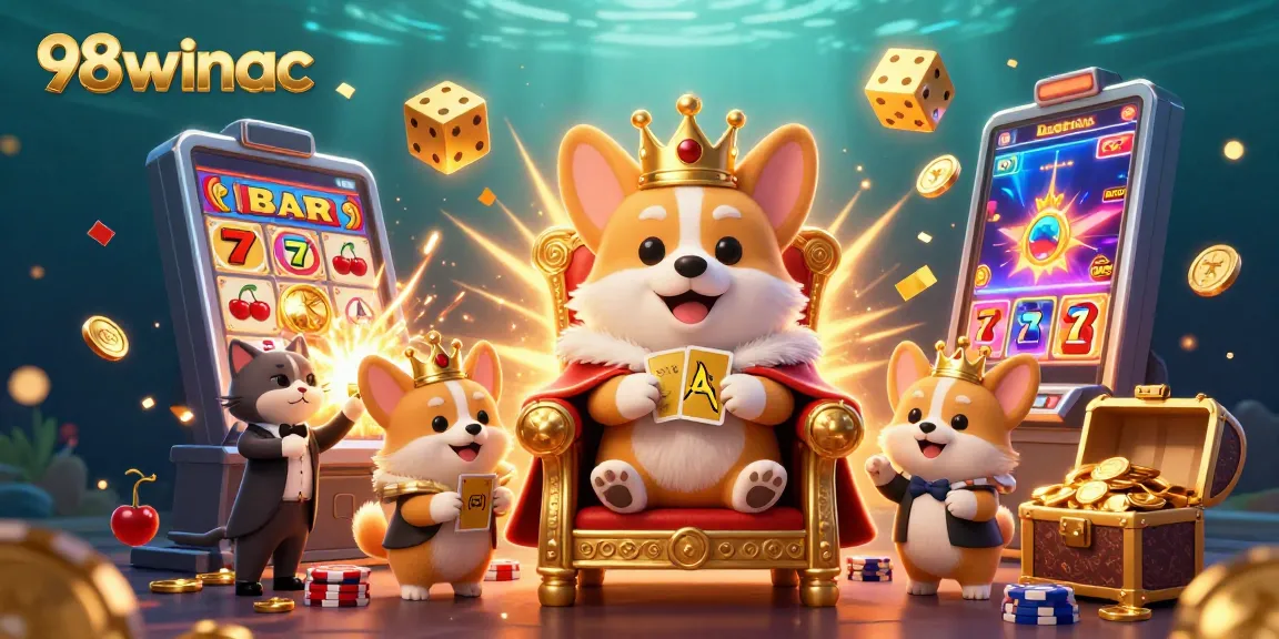Experience the excitement at 98winac casino with a royal corgi and dynamic gaming symbols amid a jackpot celebration.