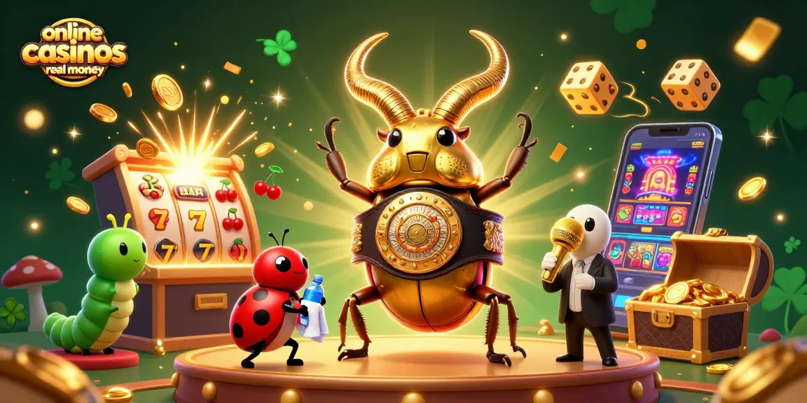 Experience excitement with a golden stag beetle boxing champion amidst online casinos real money gaming elements bursting with energy.