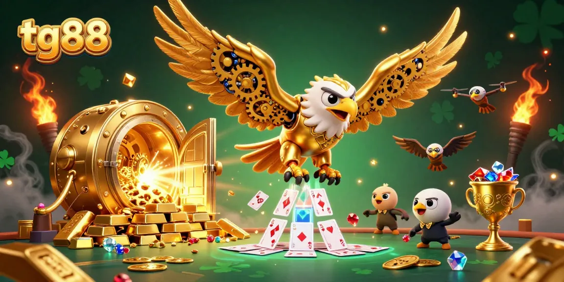 Engage with tg88's thrilling gaming experience featuring vibrant 3D casino elements and golden treasures.