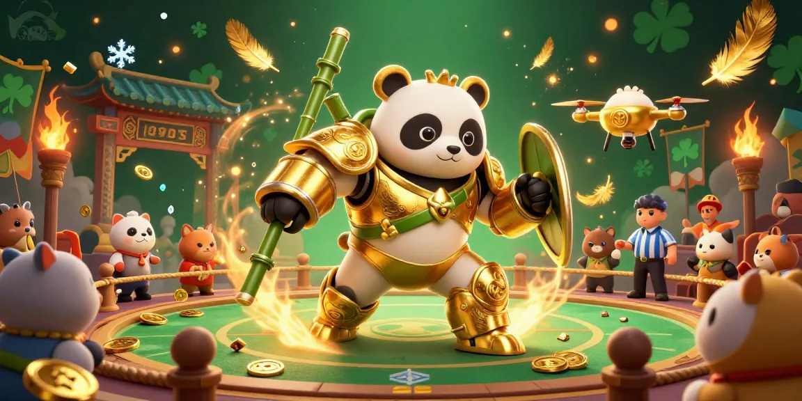 Kuwin's thrilling mech-suit panda battles in an energetic casino arena filled with gold coins and cheering fans.