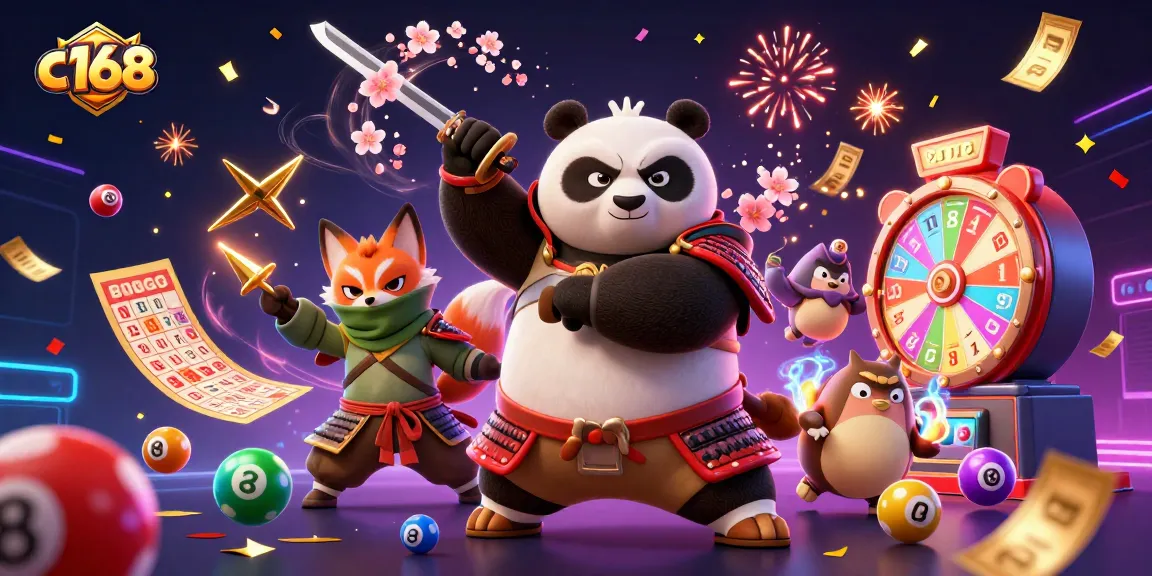 Experience the thrill of c168 gaming with samurai panda and ninja fox amidst dynamic lottery elements.
