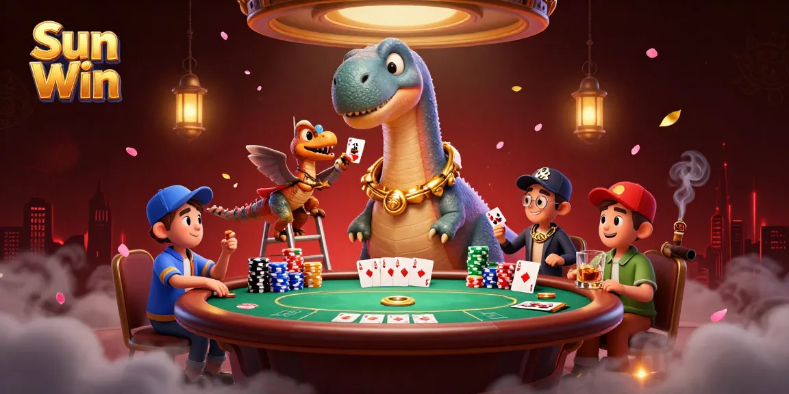 Engage in thrilling poker with Sun Win as a giant brontosaurus oversees the playful game.