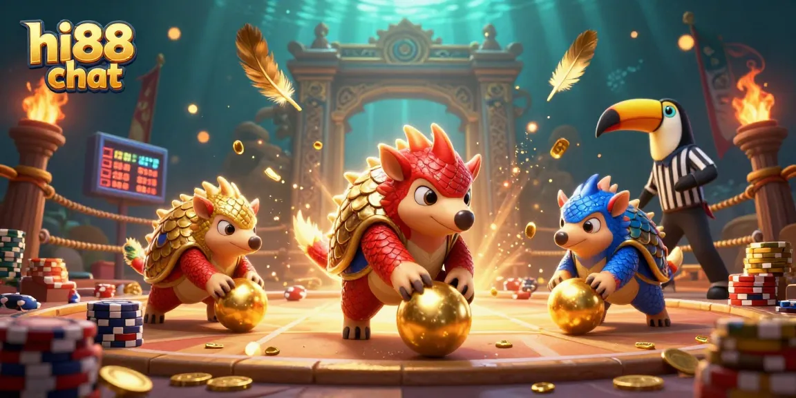 Engage in thrilling action with hi88 chat as rival pangolins roll golden balls through poker chips.