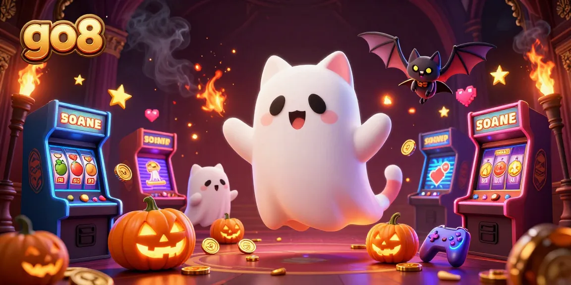Engage in exciting gameplay action at go8 with friendly ghost cat and vampire bat in a vibrant casino.