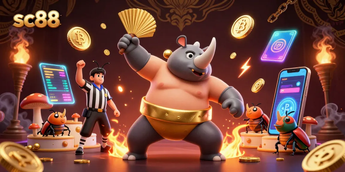 Experience thrilling betting with sc88 as the sumo beetle champions send coins flying in this vibrant casino illustration.
