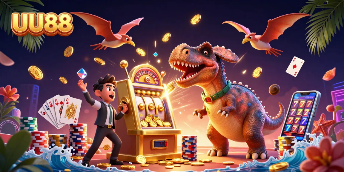 UU88 casino action with dinosaur winning jackpot at a slot machine amidst a vibrant gambling scene