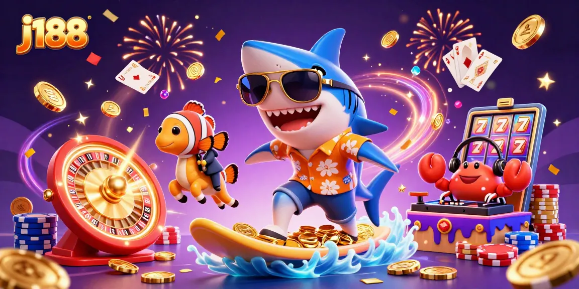 Experience thrilling gameplay at j188 with a lively illustration featuring vibrant casino elements.