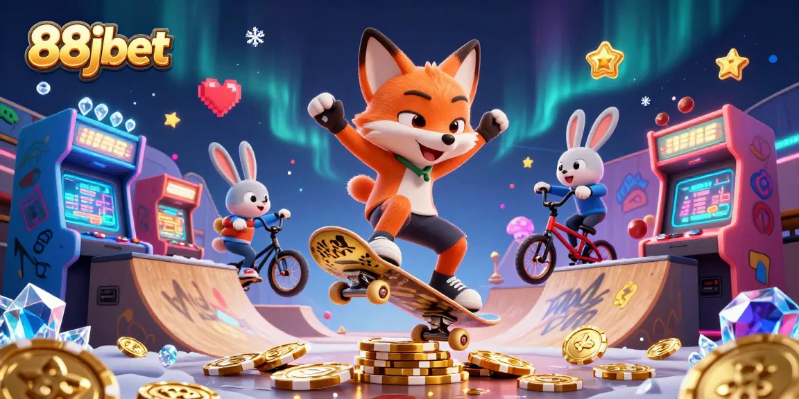 Experience the thrill of 88jbet with a cartoon fox skateboarding over gold poker chips in a vibrant casino scene.