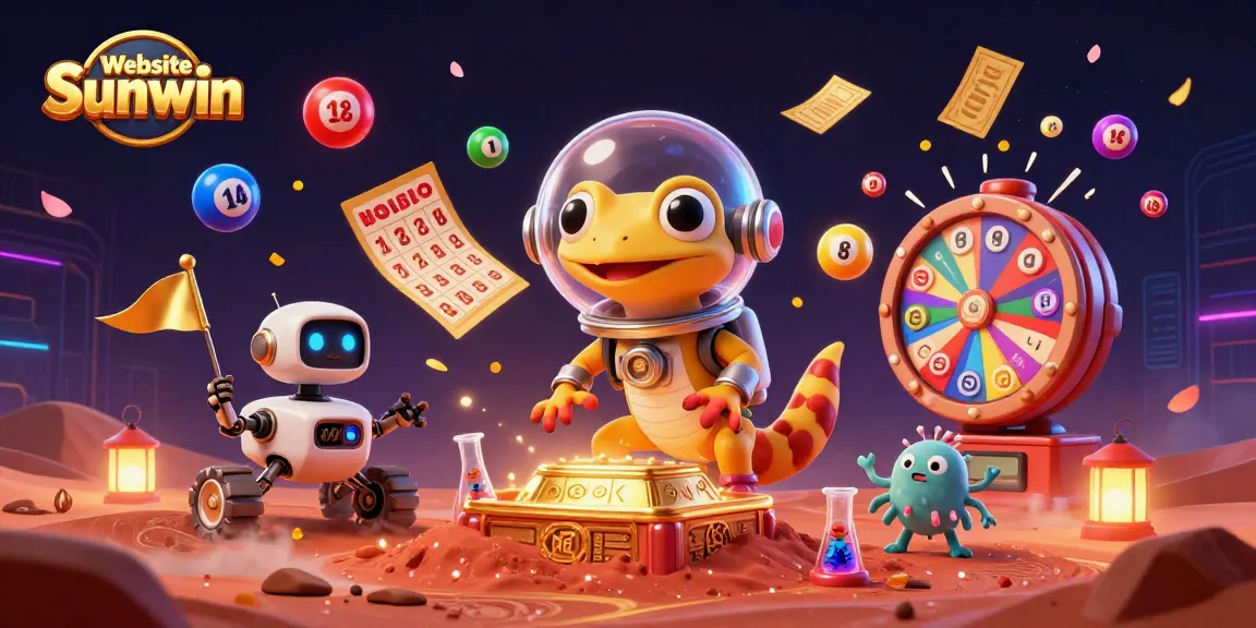 Website Sunwin showcases an exciting scene with a gecko and robot celebrating in a vibrant casino.