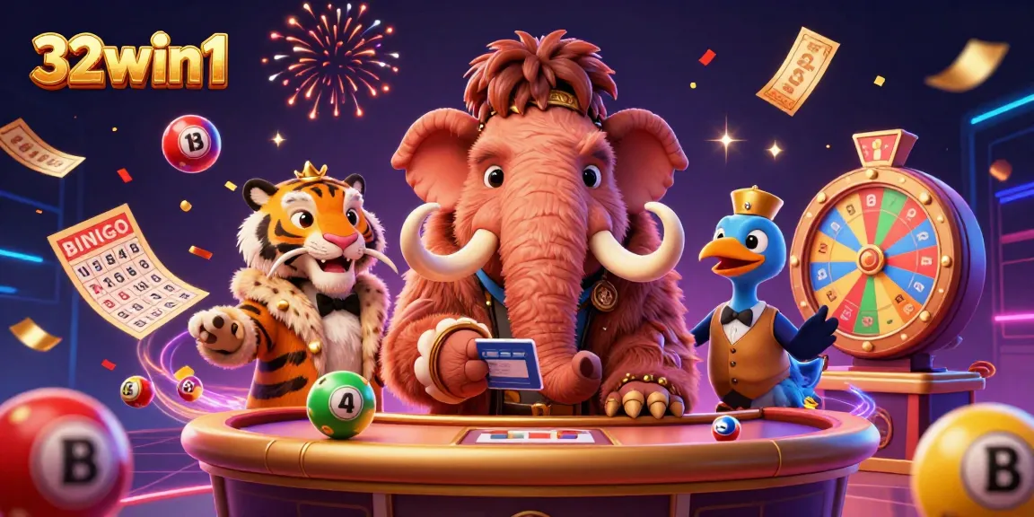 Experience the excitement at 32win1 with colorful lottery balls and lively casino characters in this vibrant illustration.